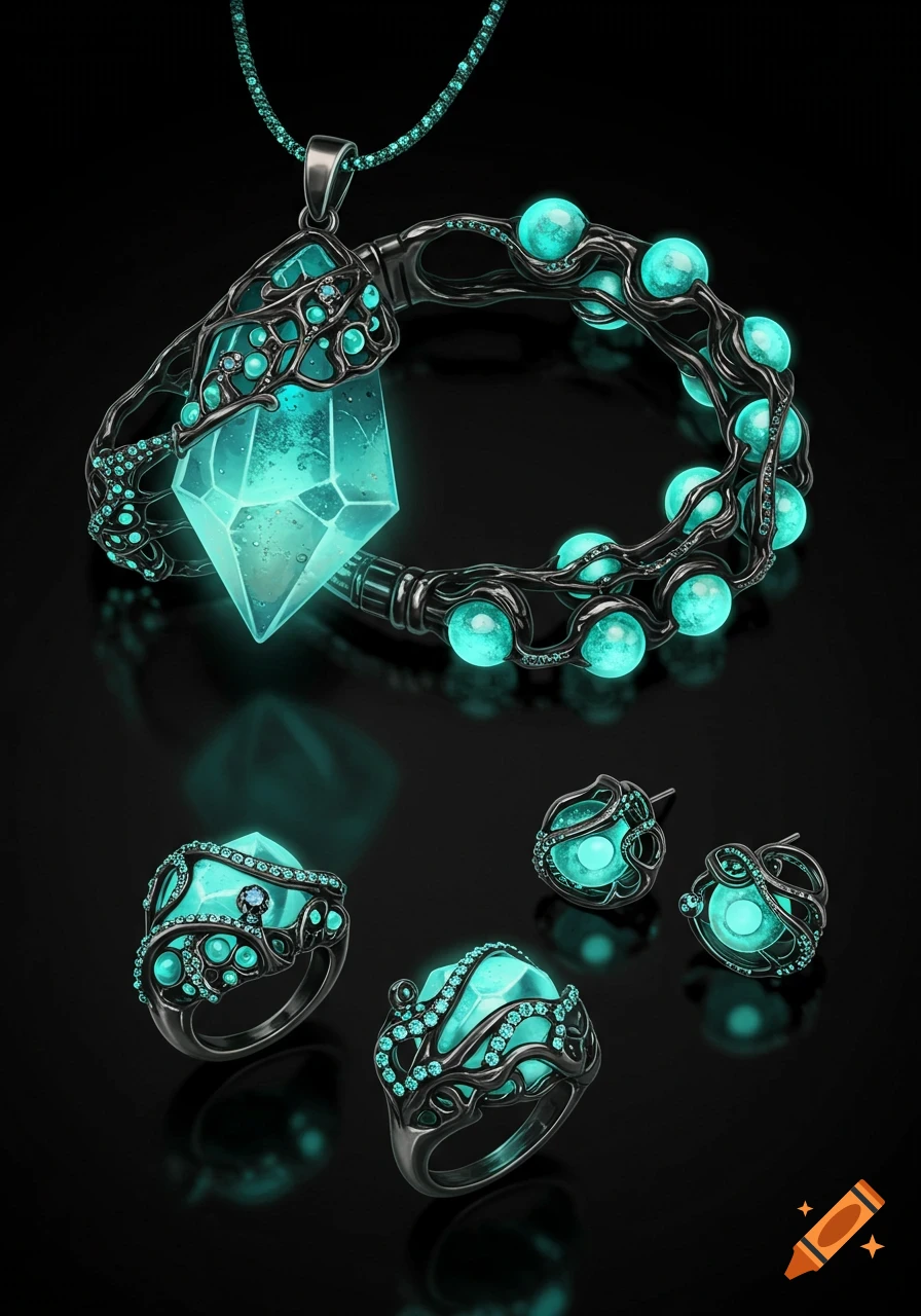 Glowing blue gemstone jewelry set on black background, including necklace, bracelet, and rings.