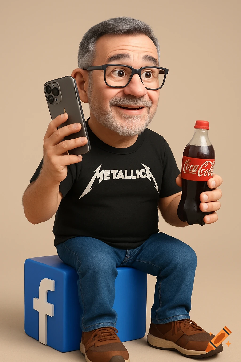 Pixar-style 3D illustration of a man with glasses holding a phone and coke bottle, sitting on a Facebook box, wearing a Metallica shirt.