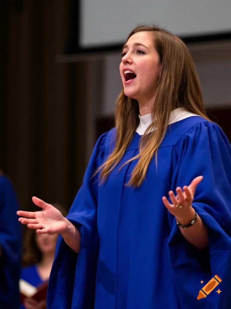 Woman in a blue choir robe singing with hands outstretched.