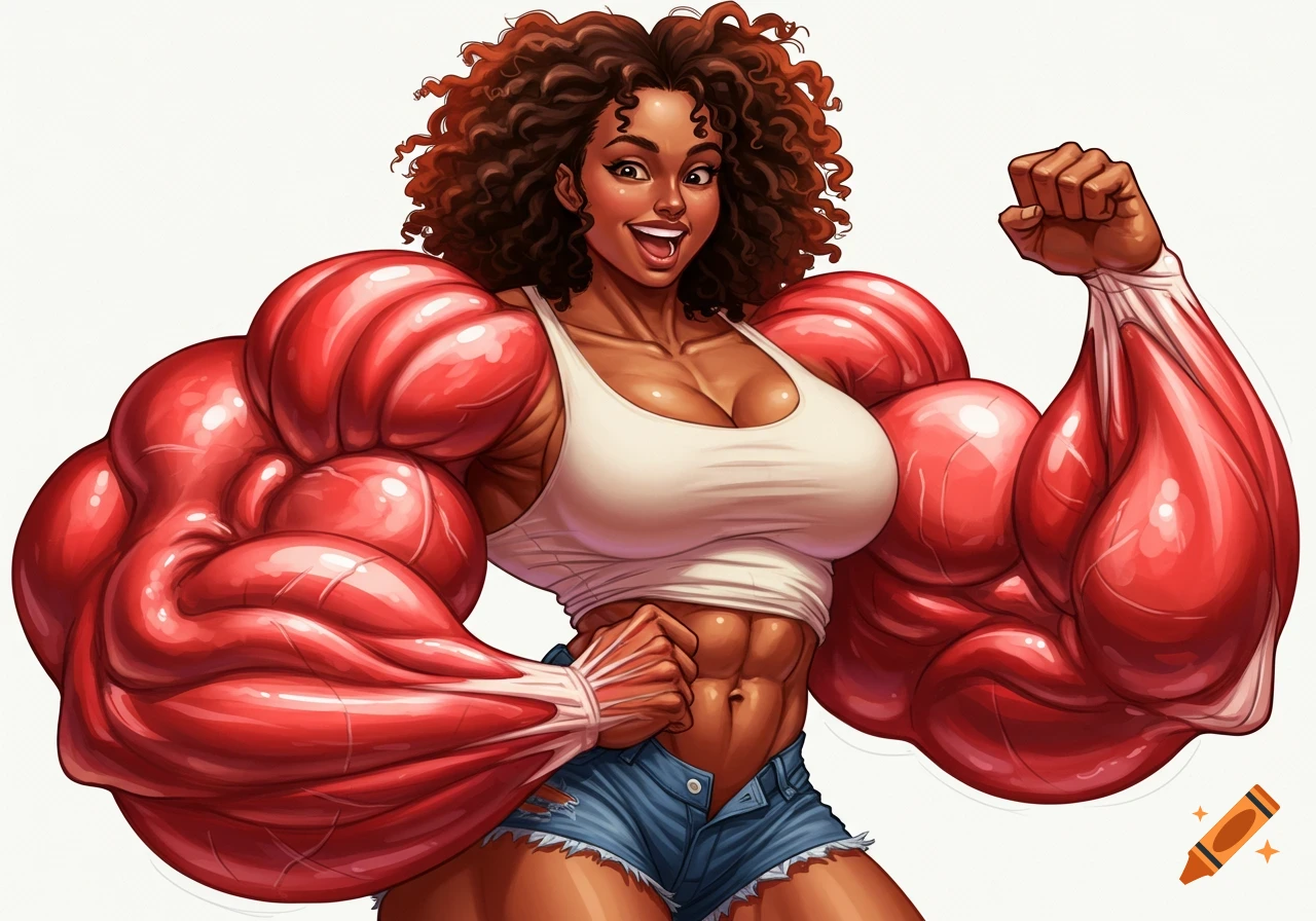 Stylized illustration of an extremely muscular woman flexing.