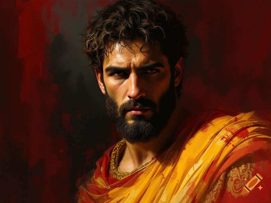Dramatic painting of a man with a beard in yellow and red robes against a dark background.