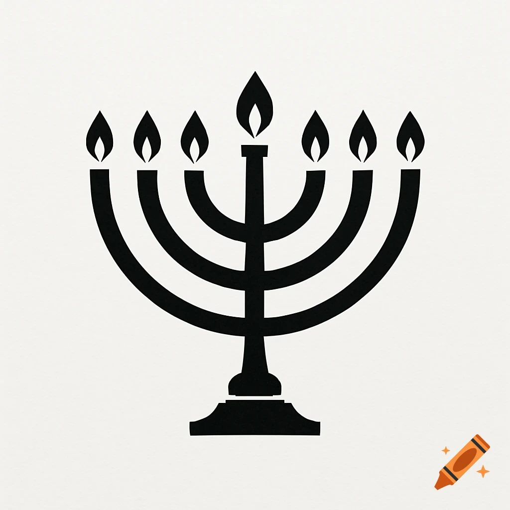 A black silhouette of a 7-branched menorah with flames on a light background.