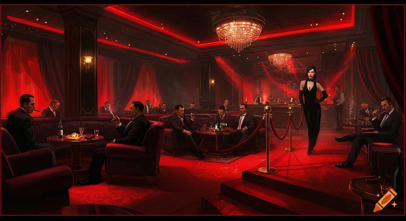 A stylized image of a red and black themed mafia club with men seated in booths and a woman in a black dress standing.