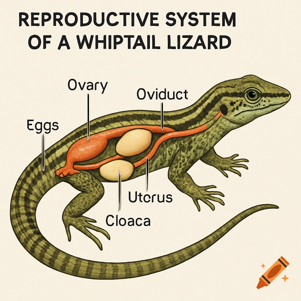 Diagram of the reproductive system of a whiptail lizard with labels.