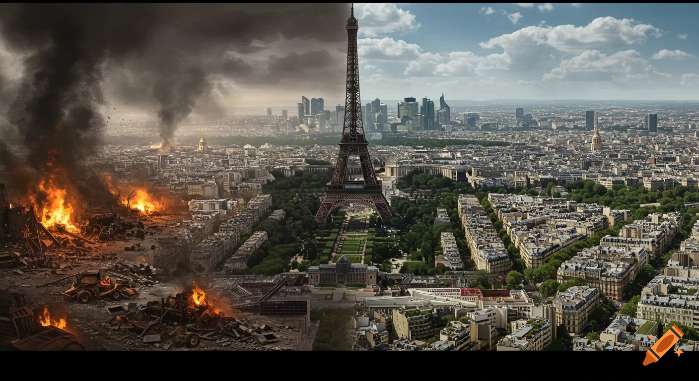 Split image of Paris, left side destruction and fire, right side peaceful cityscape with Eiffel Tower