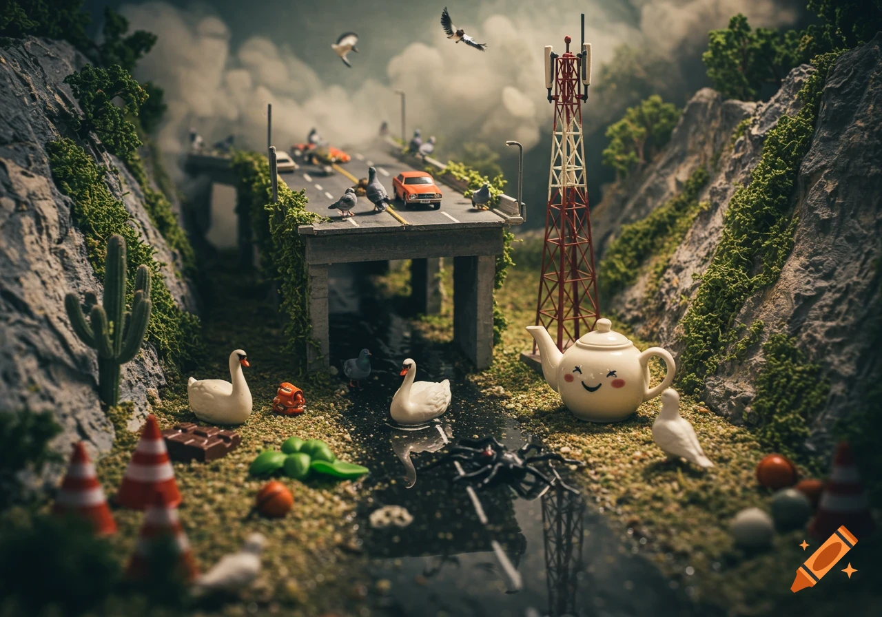 A miniature diorama depicts a highway overpass scene with toy figures including swans, pigeons, a car, a teapot, a spider, cones, and a cell tower amidst mist and fog.