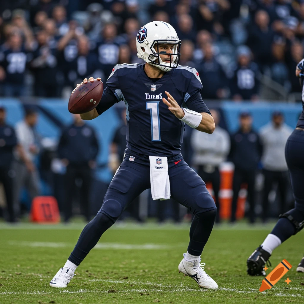 Tennessee Titans quarterback number 1 preparing to throw a football during an NFL game.