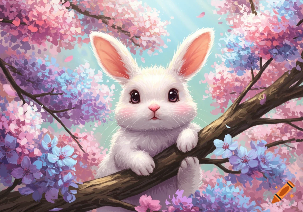 Cute illustration of a baby bunny in a tree surrounded by pink and ...