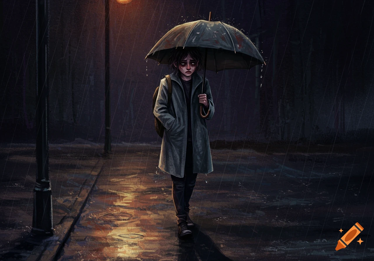 Illustration of a sad person walking in the rain under a street lamp at night.