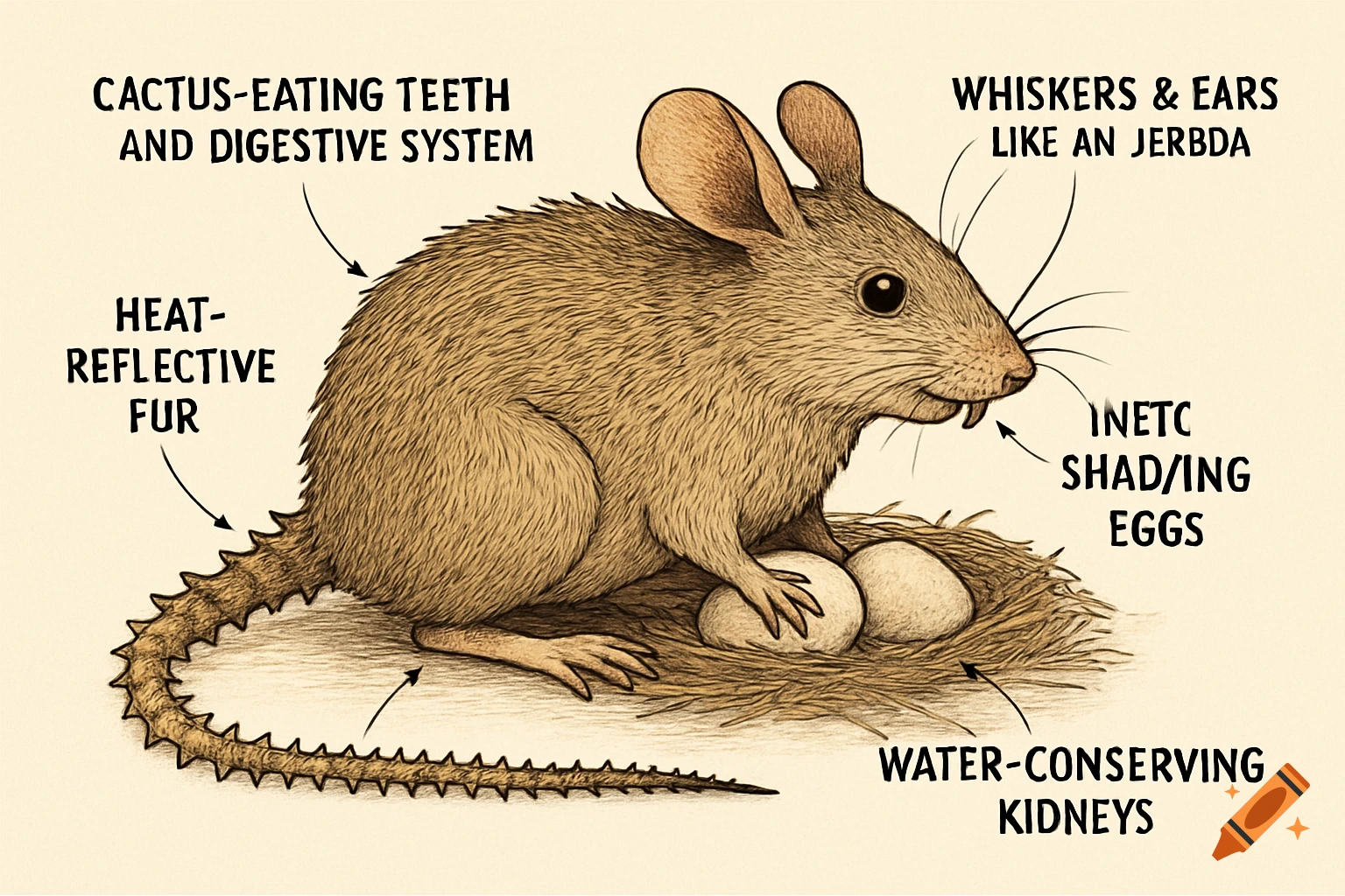 Illustration of a mouse/rat diagrammed with adaptations and labels