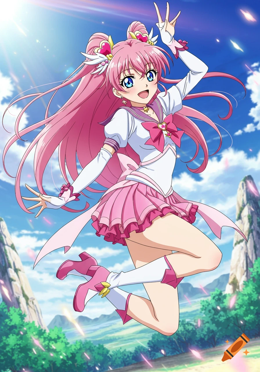 Anime girl with pink hair jumping in pink and white outfit against a sky background