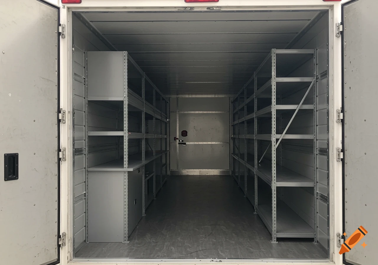 Inside view of an empty white truck body with metal shelving units on both sides.
