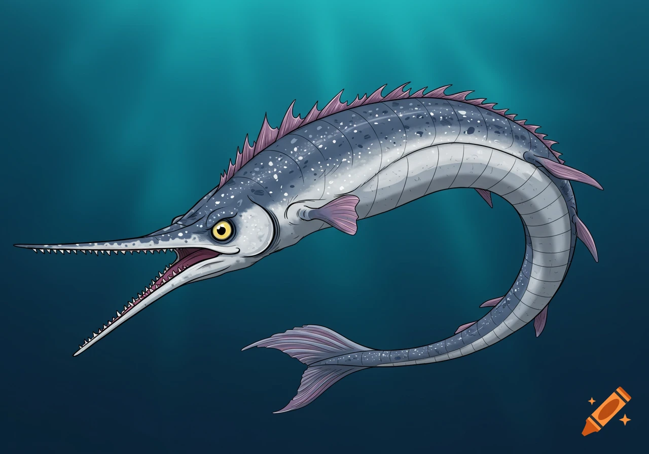 Digital drawing of a long, fish-like sea creature with a pointed snout underwater.