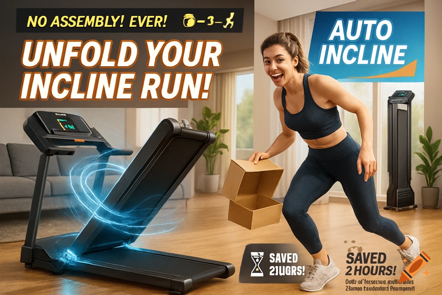 Woman unfolds a treadmill in a living room setting, with advertising text overlaid.