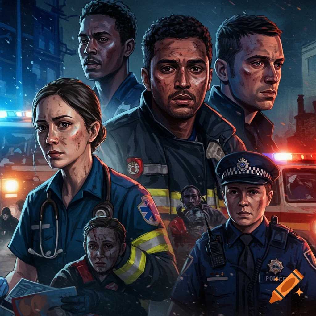 Illustrative portrait of diverse police officer, firefighter, and EMT responders looking weary in an urban scene with emergency lights.