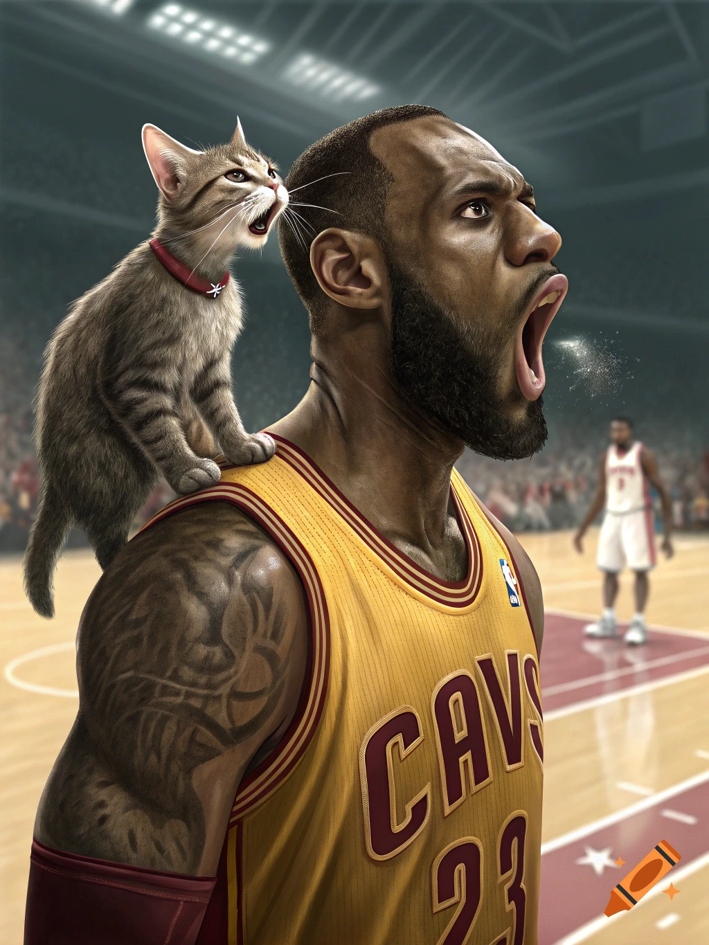 Photorealistic image of Lebron James in a Cavaliers jersey on a basketball court with a cat spitting on his shoulder.