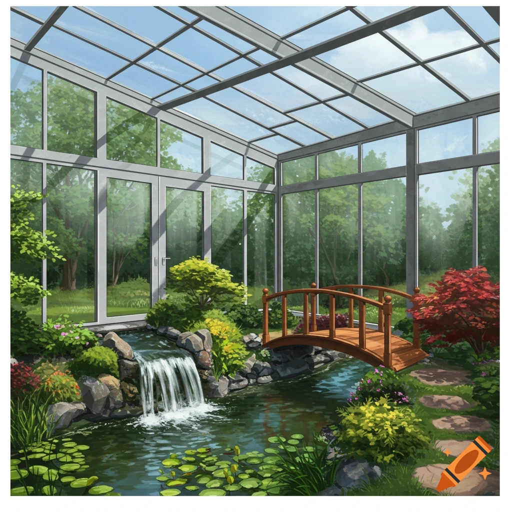 Illustration of an indoor garden in a sunroom with a waterfall, pond, and bridge.