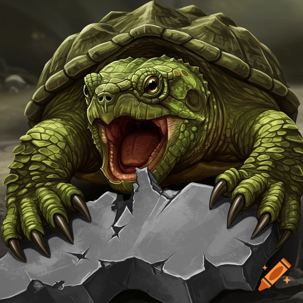 Aggressive green snapping turtle with mouth open, gripping broken grey rock, digital art.