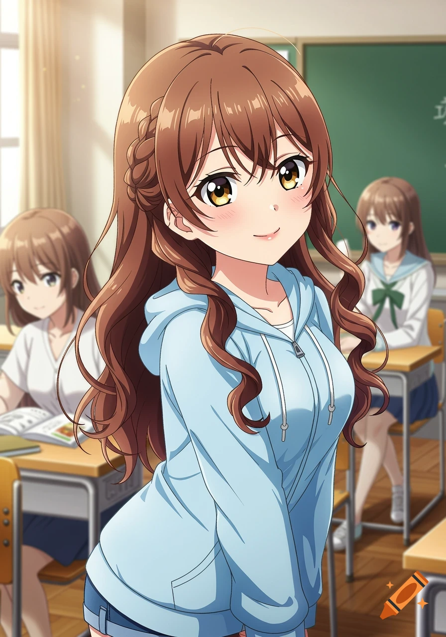 Anime girl with brown hair and blue hoodie smiles in a classroom