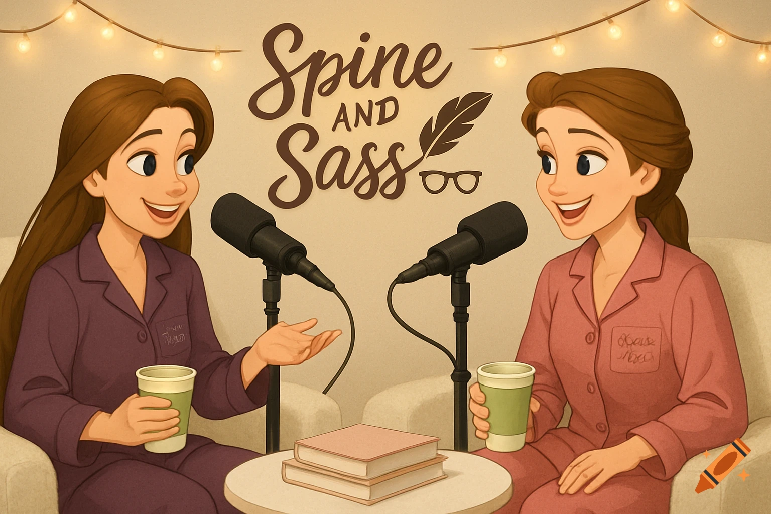 Two cartoon women in pajamas record a podcast with microphones and books on a table.