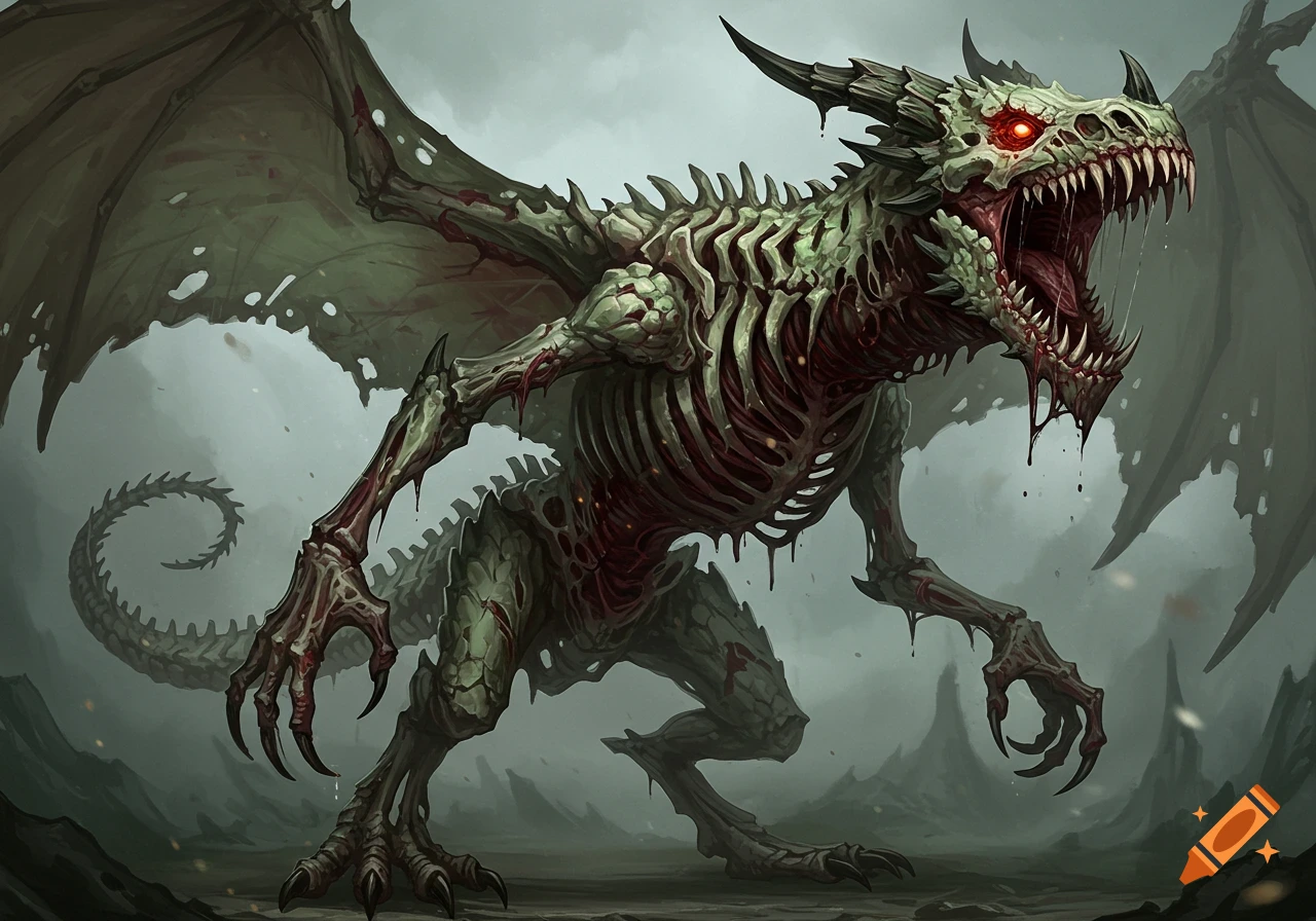 Illustration of a scary zombie dragon.