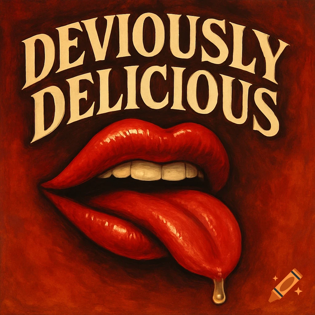 Stylized illustration of red lips and tongue with the text 'DEVIOUSLY DELICIOUS' above.