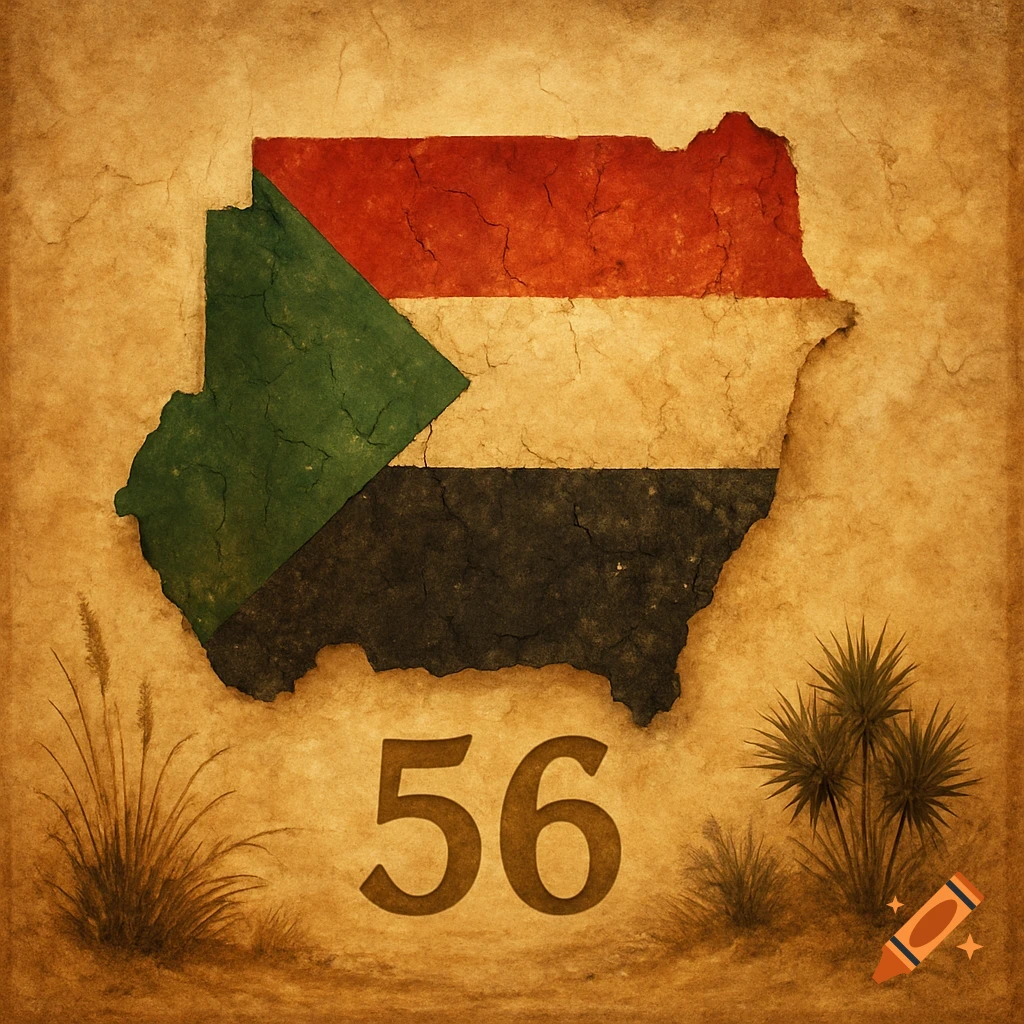 Map of Sudan with flag colors and number 56 in a historical, sandy style.