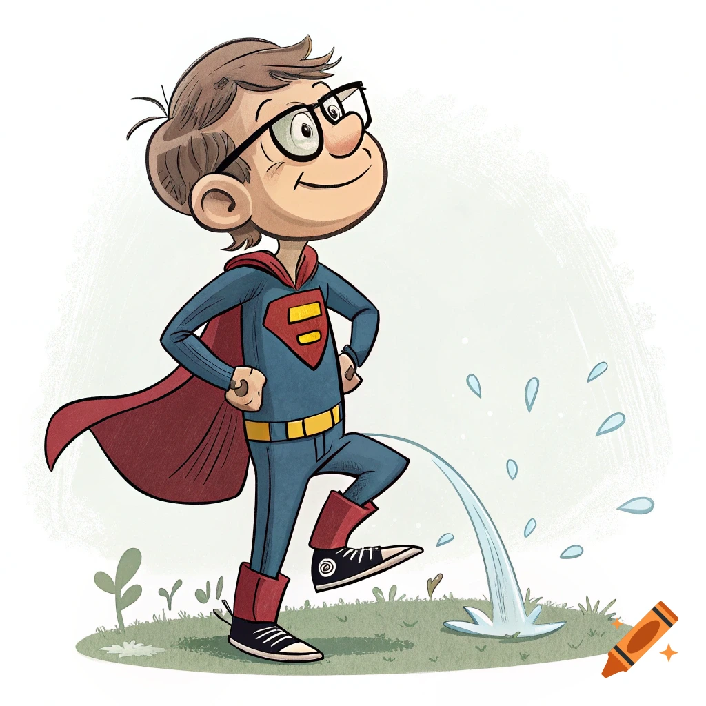 Cartoon of Bill Gates in a Superman costume peeing.