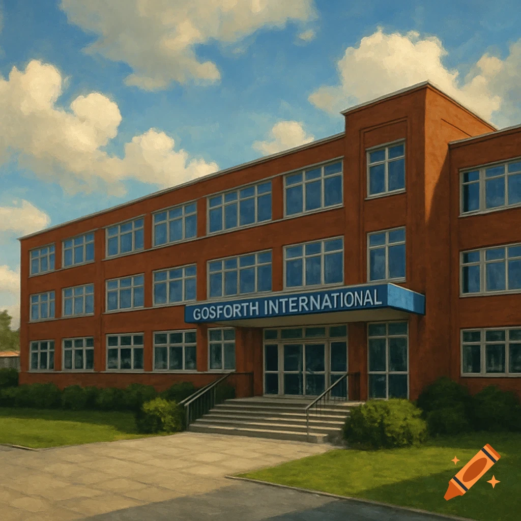 Front of a brick building with a 'Gosforth International' sign, painted style.
