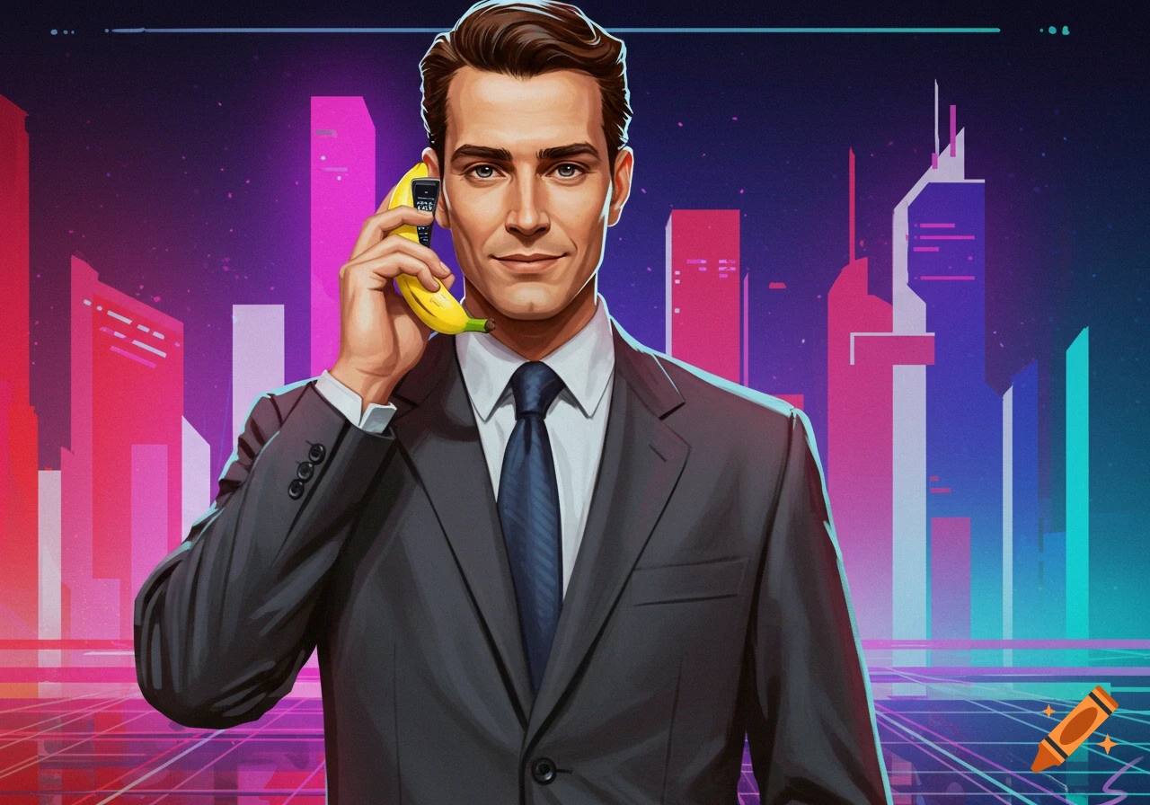 A businessman in a suit talks on a banana phone against a neon retrowave city background.