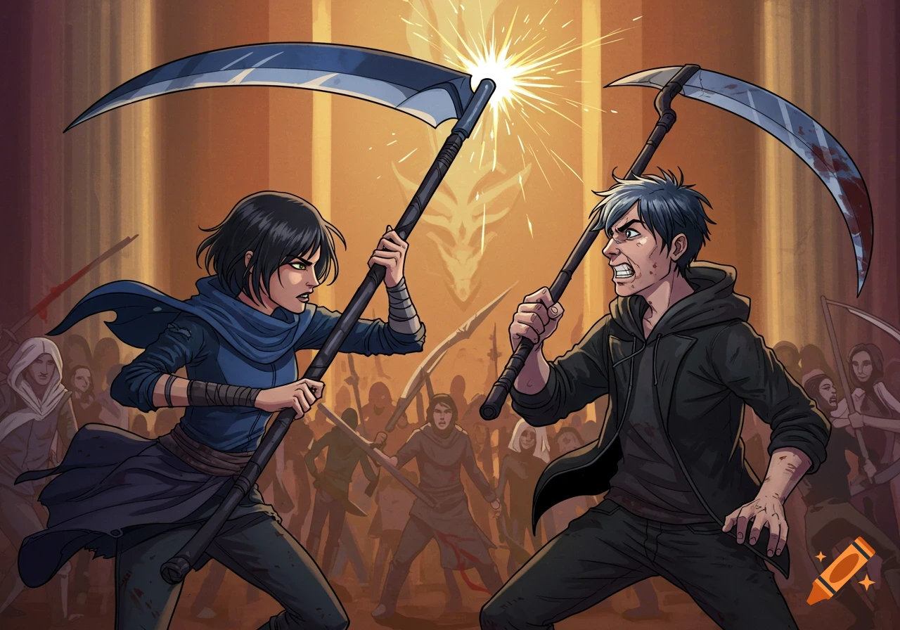 Two figures fight with scythes in a crowded hall, illustration.