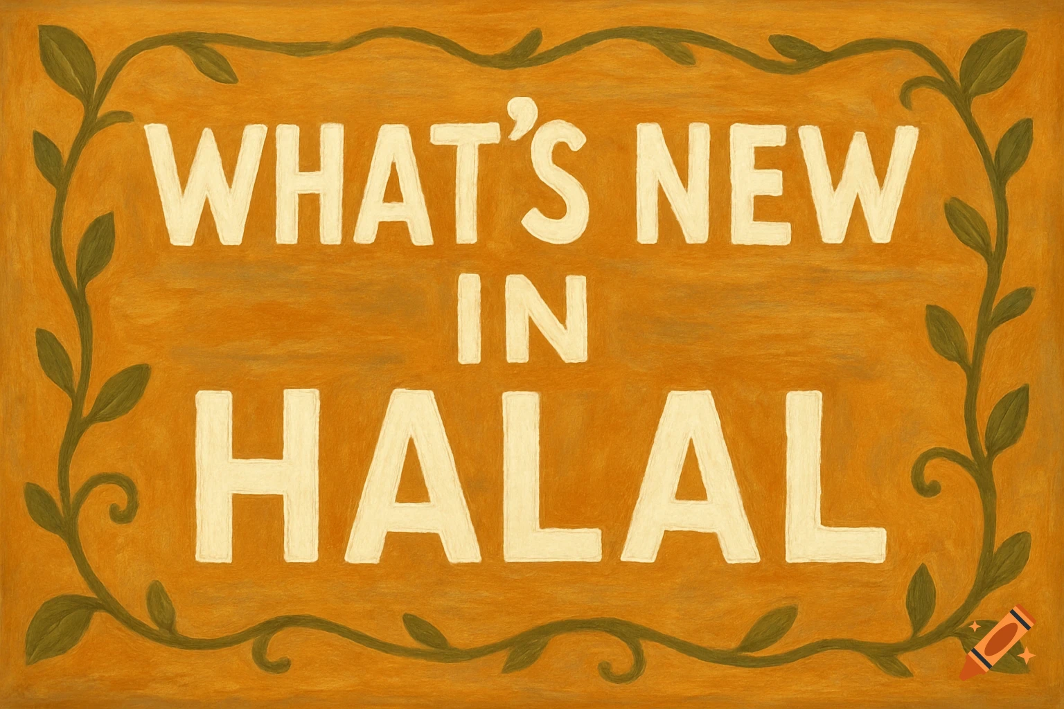 A rustic sign with green vines says "WHAT'S NEW IN HALAL" on an orange background.