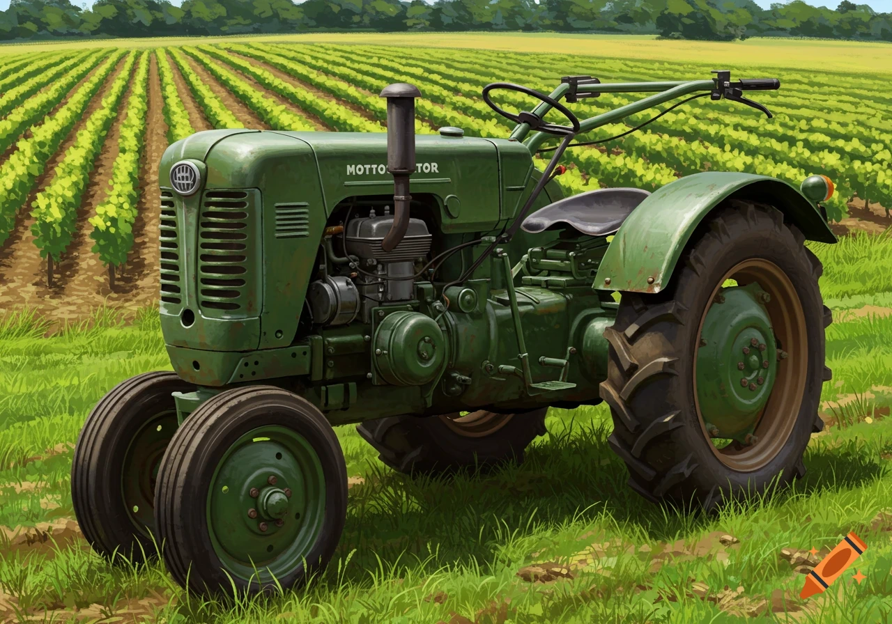A green tractor sits in a field with rows of crops. Illustrated style.