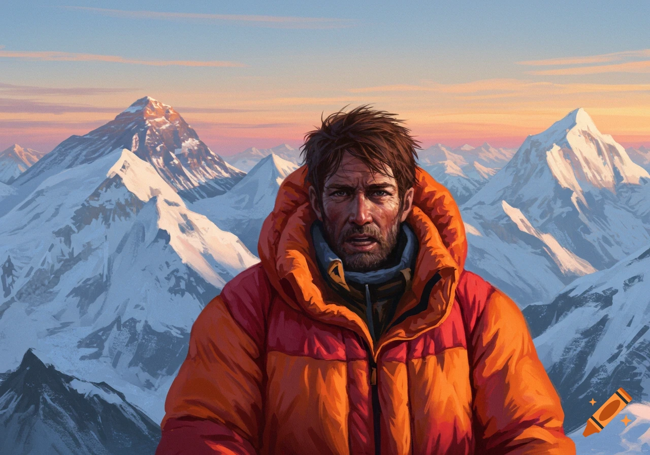 A man in an orange climbing jacket looks out at a snowy mountain range at sunrise, painterly style.