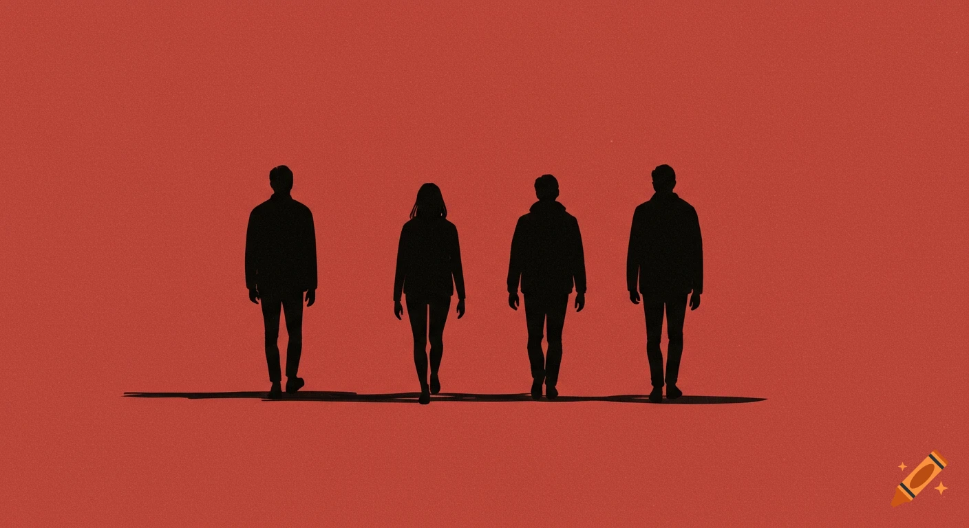 Four dark silhouettes of people walk across a red background in a minimalist style.