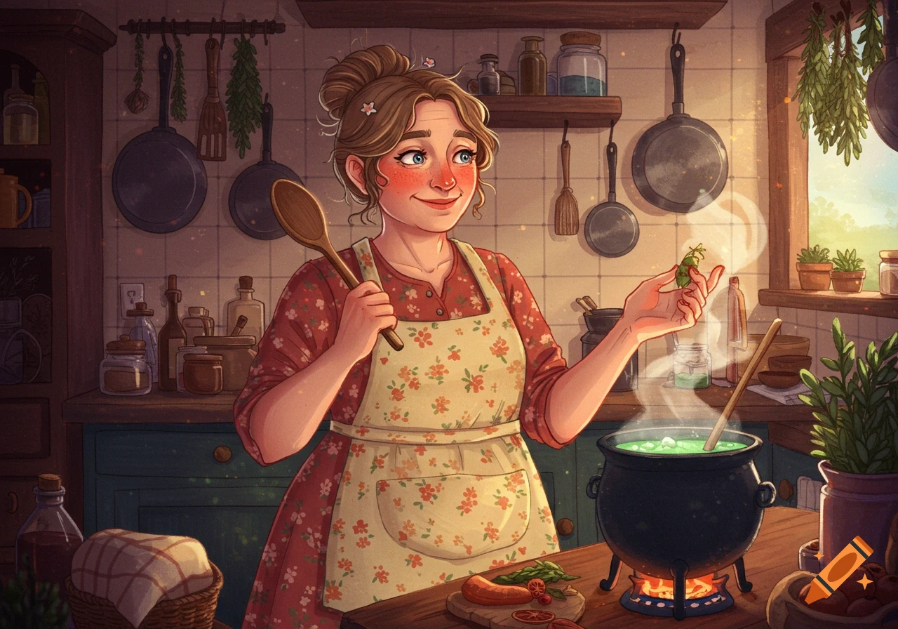Smiling witch stirs a bubbling cauldron in a cozy kitchen, holding a spoon and herbs.