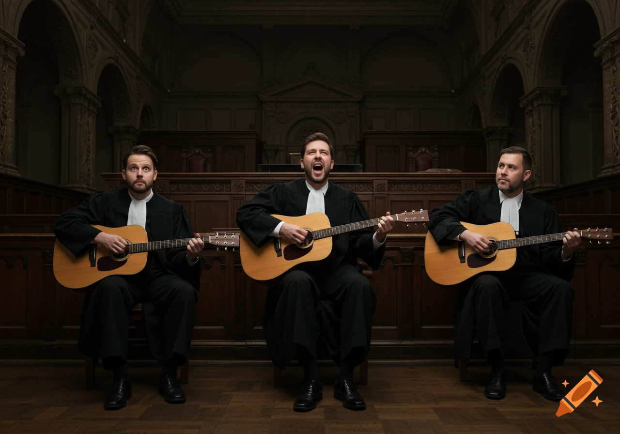 Three men in robes play acoustic guitars in a courtroom.