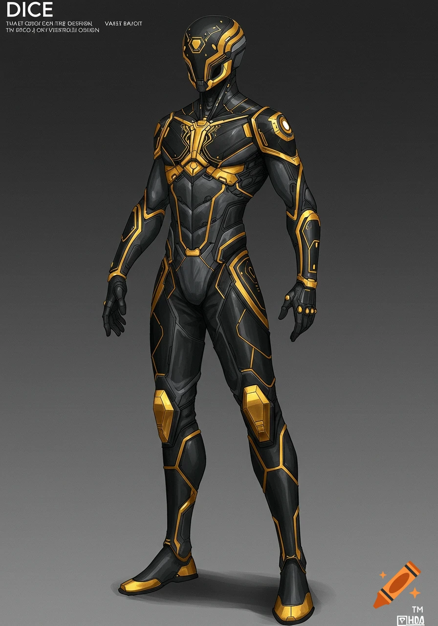 Illustration of a person in a black and gold sci-fi superhero costume.