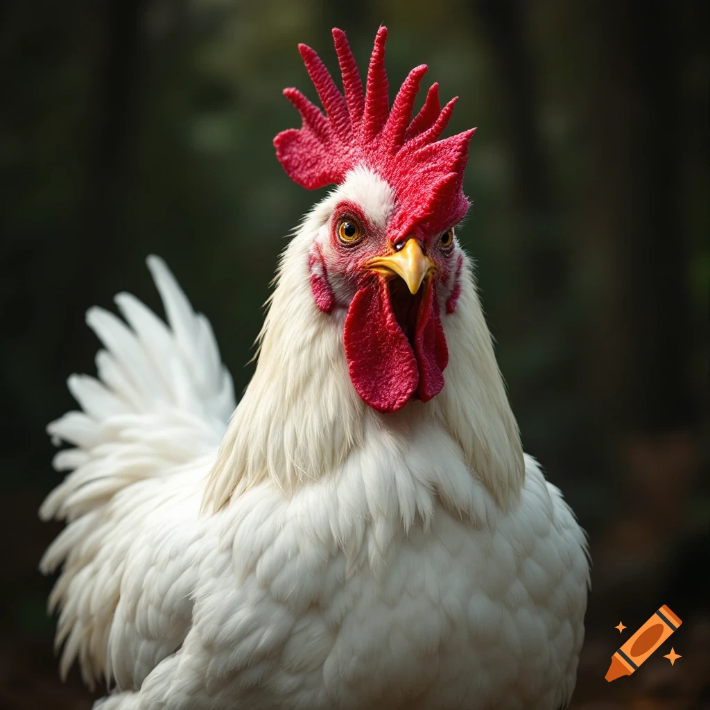 Close-up photorealistic portrait of a white chicken with red comb and wattles.