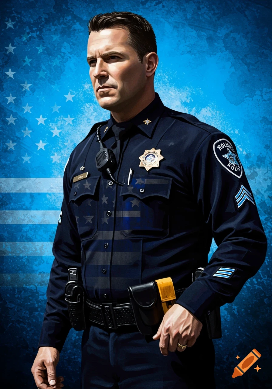 Portrait of a police officer in uniform against a blue background with flag elements.