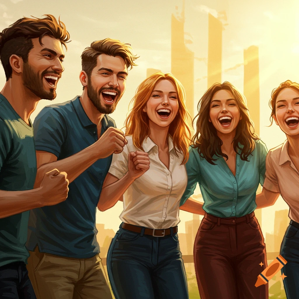 Group of diverse young adults laughing together in sunlight