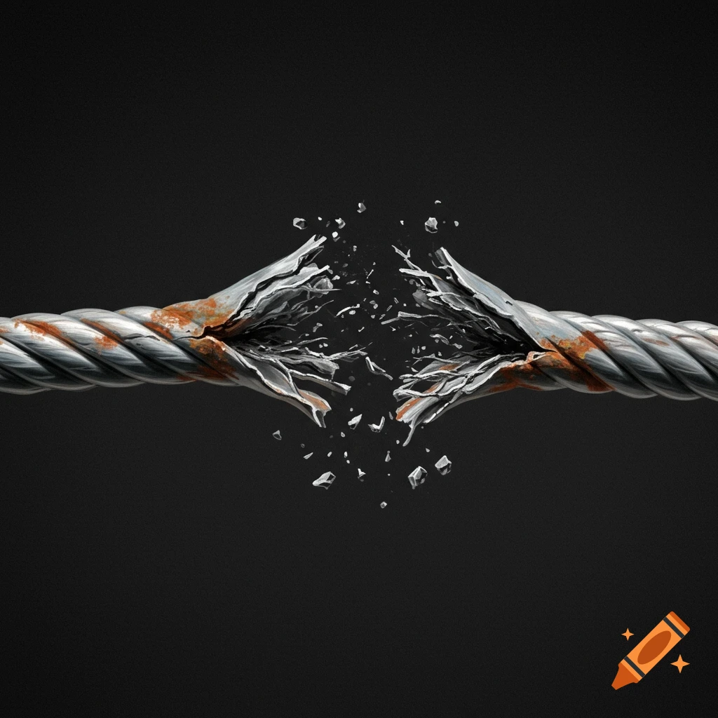 A thick, rusty steel cable snaps in the center, frayed strands and debris exploding outwards against a dark background.