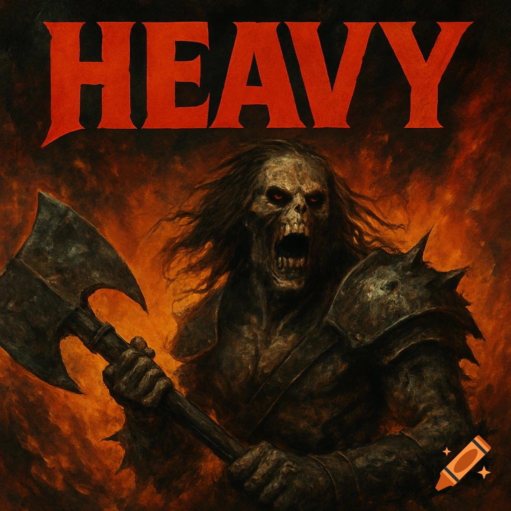 Skeletal warrior with axe and red eyes under the word HEAVY against a fiery background, in a dark fantasy style.