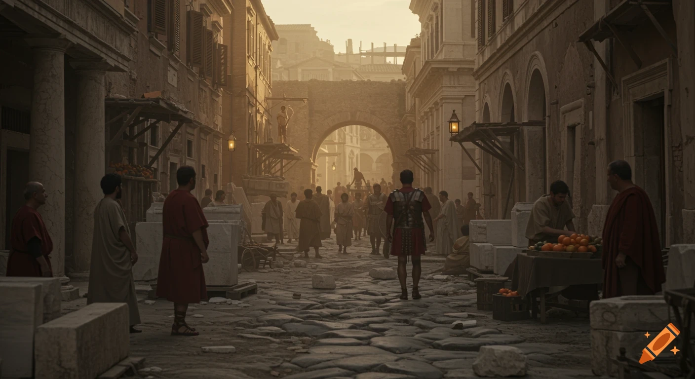 Busy street scene in Ancient Rome at golden hour with people, vendors, soldiers, and classical buildings.