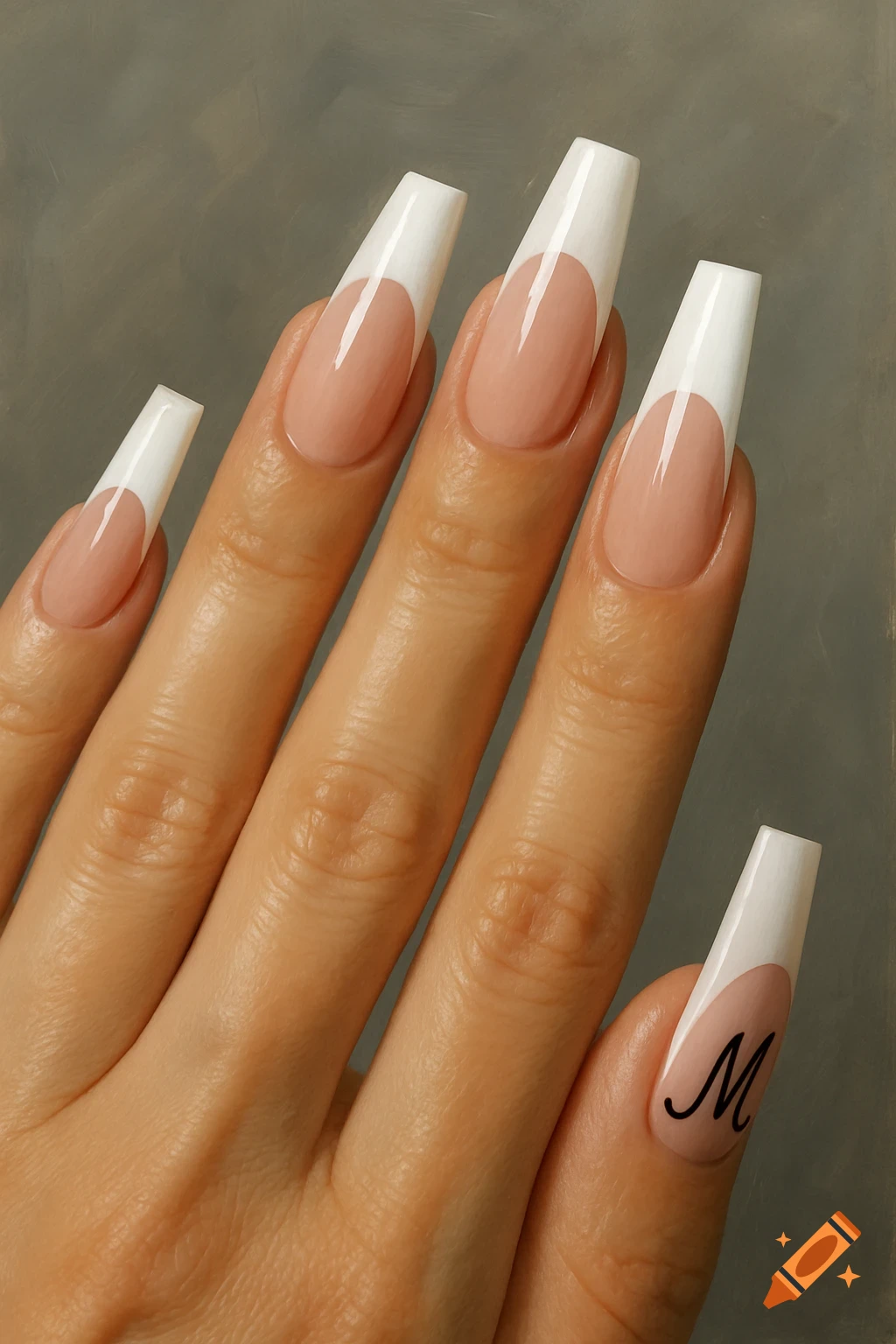 Hand with white french tip coffin nails, one with an M initial.