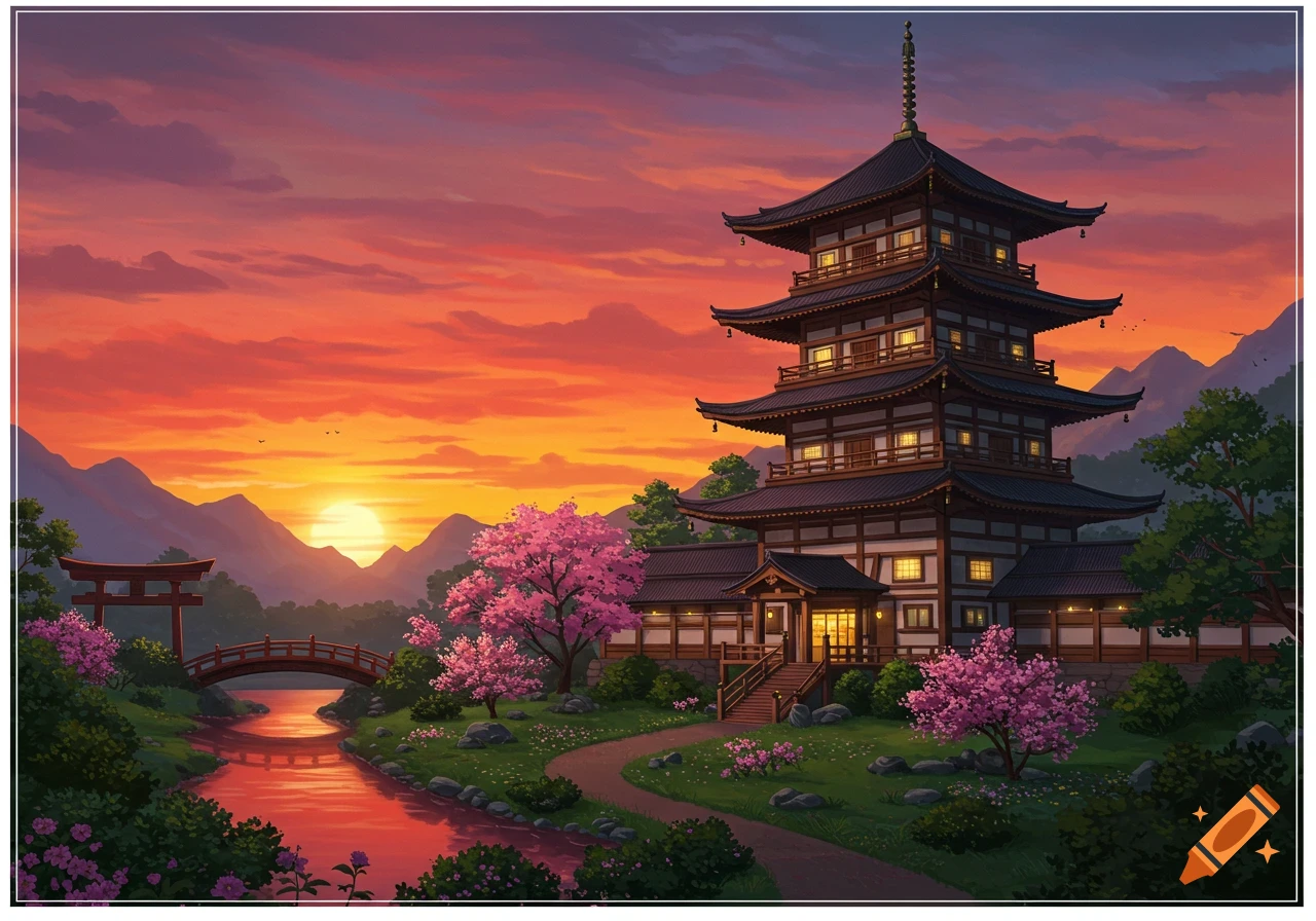 Japanese pagoda and garden at sunset with cherry blossoms, river, and mountains.