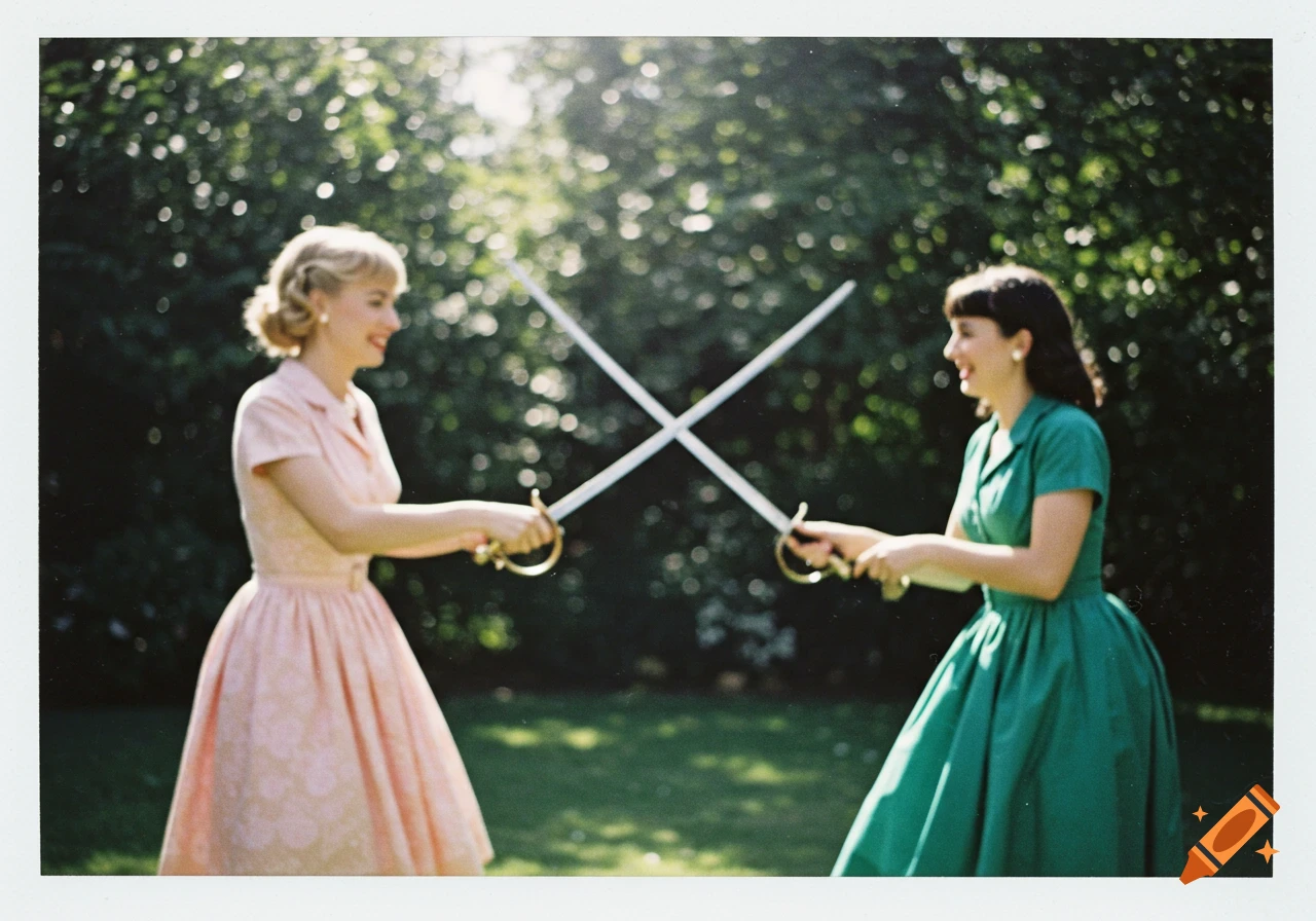 Two women in vintage dresses duel with sabers in a garden in a blurry vintage photo.