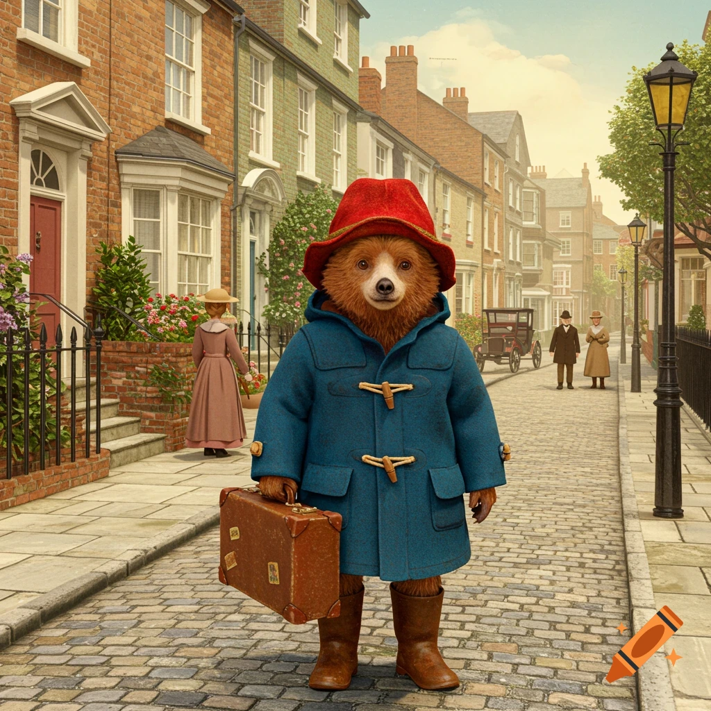 Paddington Bear stands in an old-fashioned street with a suitcase. on ...