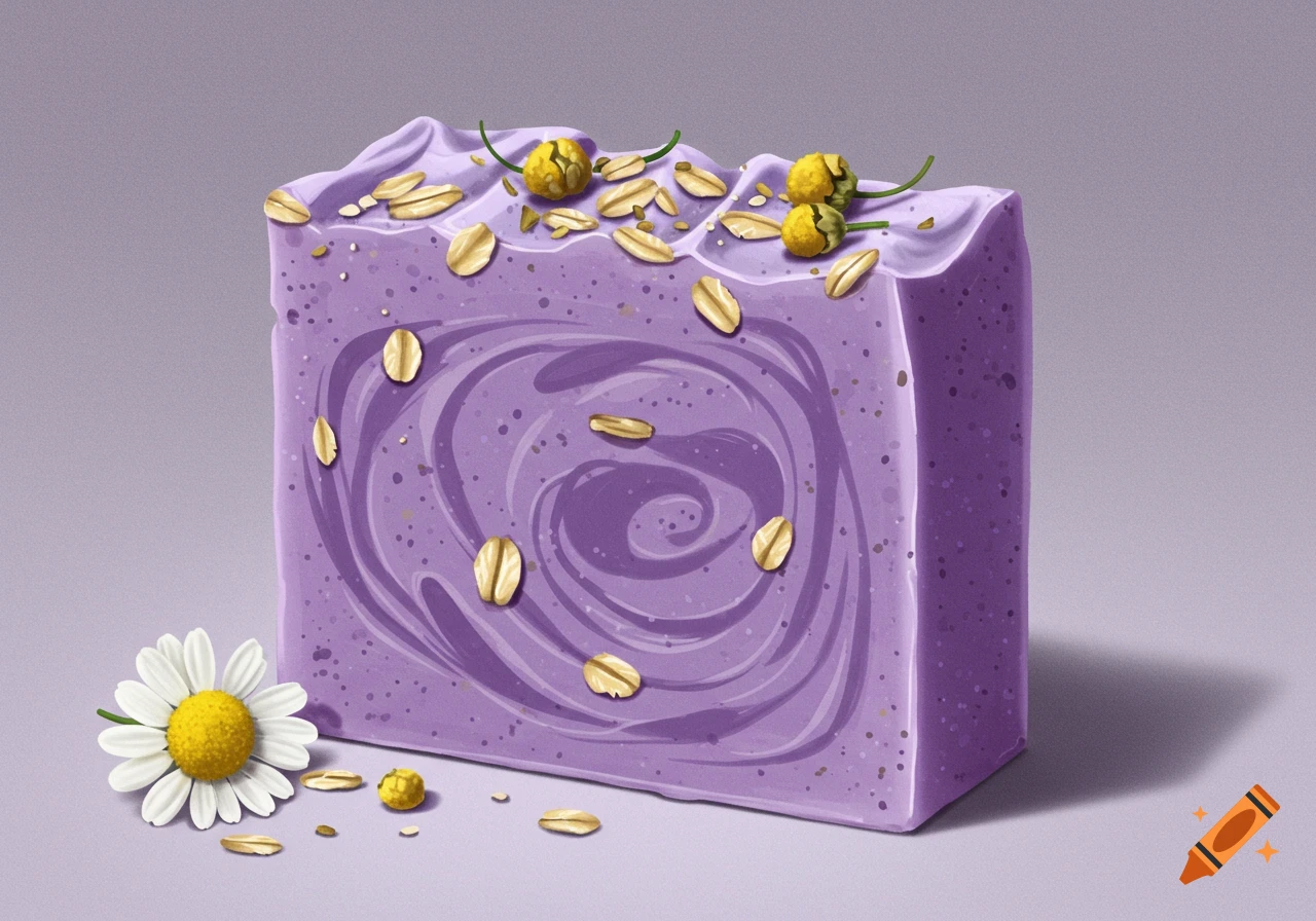A purple bar of soap decorated with oats and chamomile flowers.