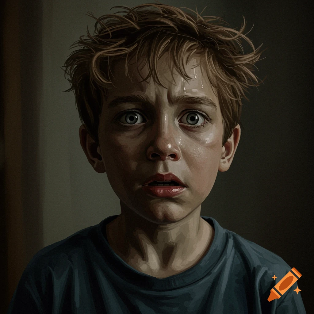 Close-up portrait of a scared young boy with wide eyes, rendered in a detailed digital painting style.